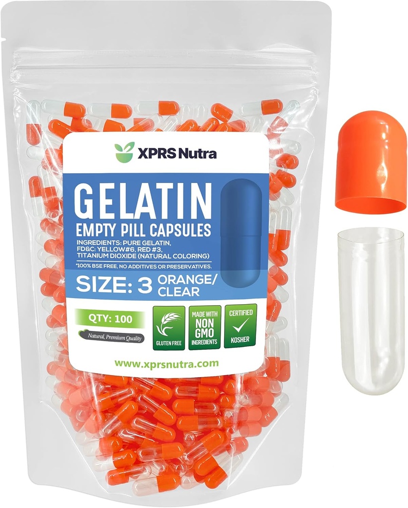 XPRS Nutra Boyutu 3 Boş Kapsüller - 100 Kont Boş Gelatin Capsules - Pills DIY Capsule - Pure Bovine Pill Gel Caps Do-It- Yourself Vitamins and Supplements (Orange/Clear)