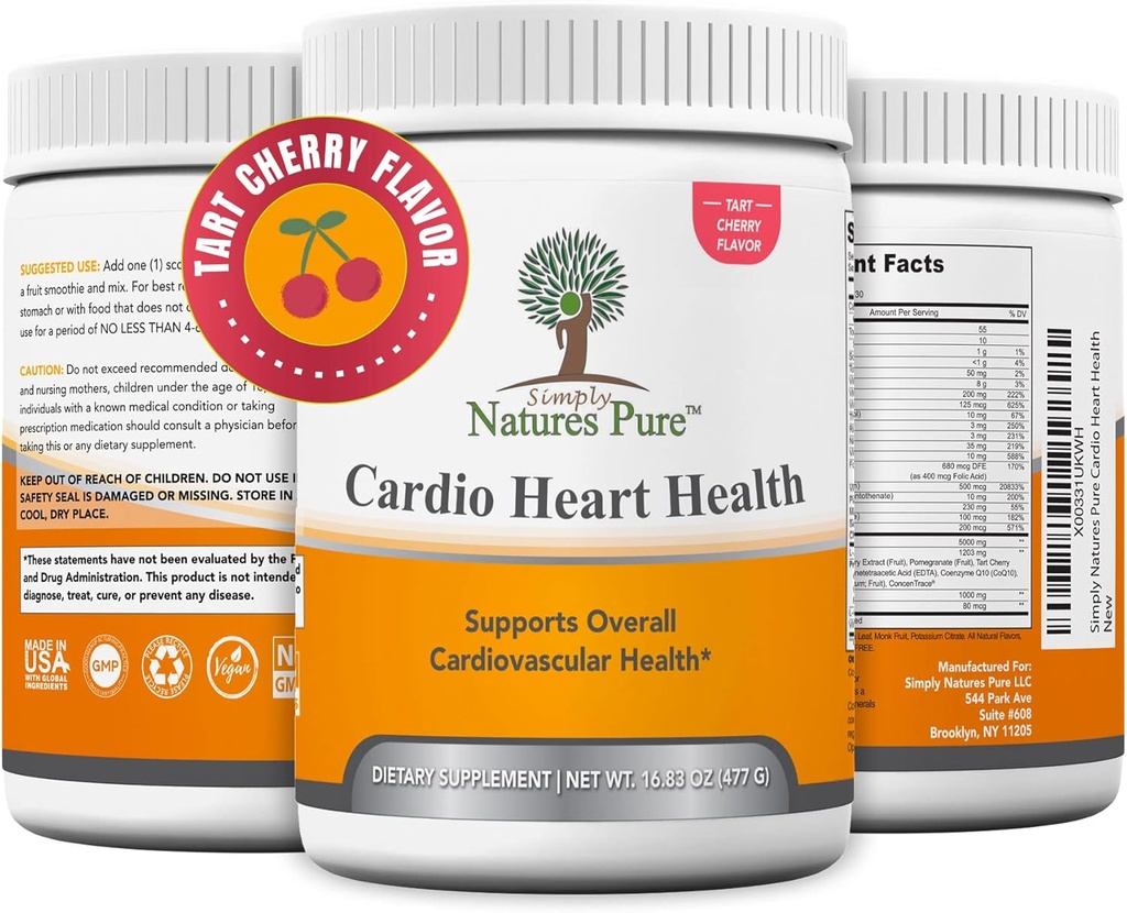 Απλά Φύση Pure - Cardio Heart Health Nitric Oxide Booster Υποστήριξη συμπλήρωμα σκόνης με L-αργινίνη 5000 mg, L-Citrulline 1000 mg και Hawthorne Berry, 16,82 Ουγγιά - Tart Cherry Flavor
