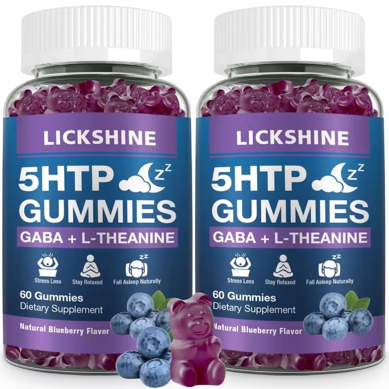 2 Pack 300MG 5-HTP GABA Sleep Supplement Gummies with 200 mg L-Theanine Supplement for Brain, Mood Stabilizer and Sleep Support, Melatonin-Free, Omega 3-6-9 for Natural Zzzs, Blueberry Flavor