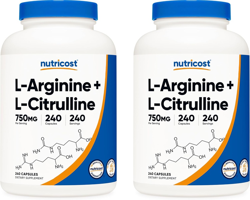 Nutricost L-Arginine L-Citrulline Kompleksi 750 mg, 240 Capsules (2 Şişe) - Non-GMO