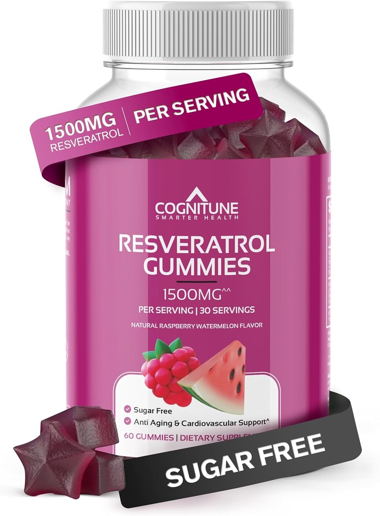 CogniTune Resveratrol Gummies – Sugar Free 1500 mg Antioksi Supplement for Heart, Brain & Immune Support – Güçlü Anti-Aging Trans Resveratrol Chews for Longevity & Wellness & Wellness