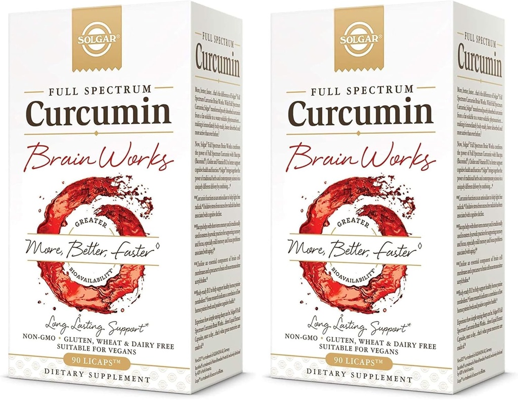 Solgar Full Spectrum Curcumin Brain Works, 90 Licaps - μνήμη υποστήριξης Remember, Focus, Γνωστική λειτουργία - Αντιοξειδωτική υποστήριξη - Curcumin, BacoMind, Choline, Βιταμίνη B12 - Μη-GMO, Vegan - (πακέτο του 2)