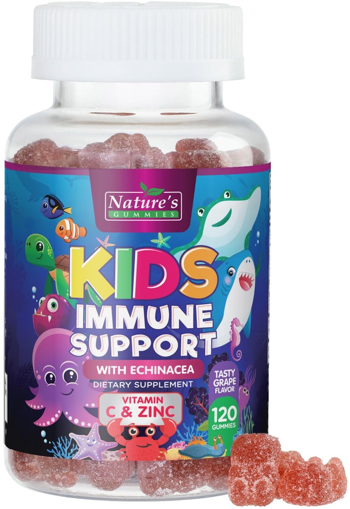 Çocuklar Immune Support Supplement Gummies - Daily Childrens Vitamins C, çinko & Echinacea - Çocuklar için Gummy Immunity Support, Ages 4 and Up, Natural Berry Flavor, Non-GMO, Gluten-Free & Vegan - 120 Gummies