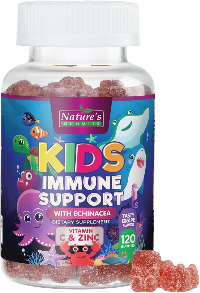 Παιδική Ανοσοποιητική Υποστήριξη Gummies συμπλήρωμα - Καθημερινή Παιδιά Βιταμίνες C, ψευδάργυρος & εχινάκεια - Gummy για τα παιδιά Υποστήριξη Ανοσίας, Ηλικίες 4 και πάνω, Φυσικό μούρο Γεύση, μη-GMO, Χωρίς γλουτένη & Vegan - 120 Gummies