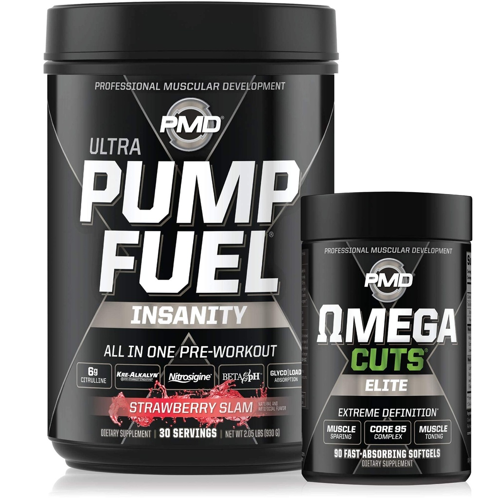 PMD Sports Ultra Pump Insan Yakıtlığı - Pre Workout - Strawberry Slam (30 Hizmet) Spor Omega Cuts Elite Thermogenic Fat Burner (90 Softgels)