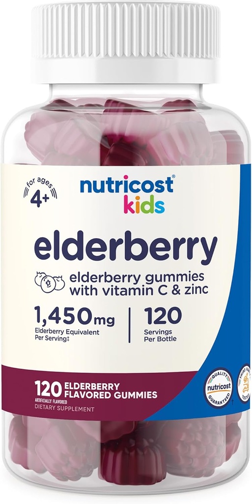 Nutricost Kids Elderberry Gummies (50mg) με ψευδάργυρο & βιταμίνη C 120 Gummies - Χωρίς γλουτένη, χωρίς σιρόπι καλαμποκιού