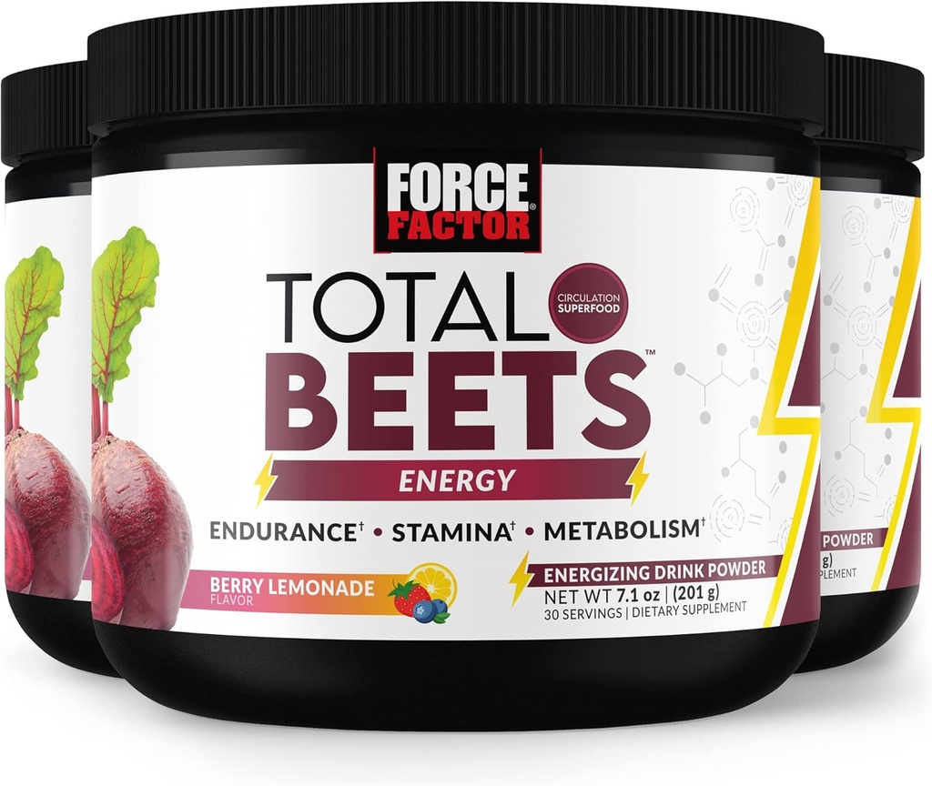 FORCE FACTOR Total Beets Energy Drink Mix 3-Pack, Superfood Beet Root Powder, Νιτρώδη για την ενίσχυση της ενέργειας, την υποστήριξη της κυκλοφορίας, τη ροή του αίματος, το νιτρικό οξείδιο και την Σταματίνα, συμπλήρωμα υγείας καρδιάς, 90 υπηρεσίες