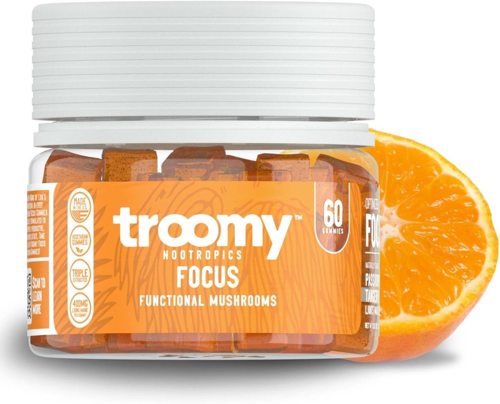 Troomy Lion's Mane Focus Gummies 60 Kont - Natural Tangerine and Passionfur Flavor, Gelatin-Free, Gluten-Free, Vegetarian