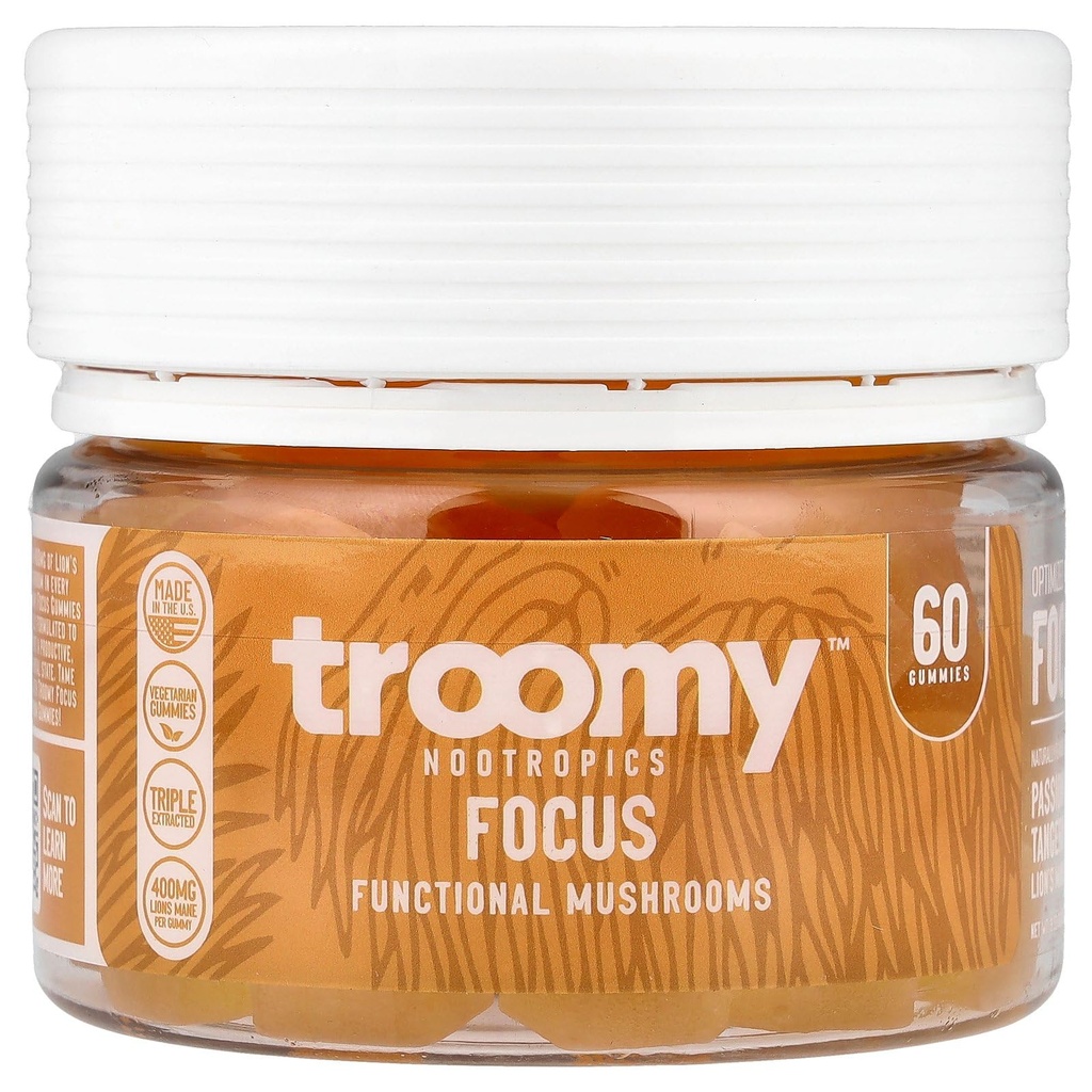 Troomy Lion's Mane Focus Gummies 60 Kont - Natural Tangerine and Passionfur Flavor, Gelatin-Free, Gluten-Free, Vegetarian