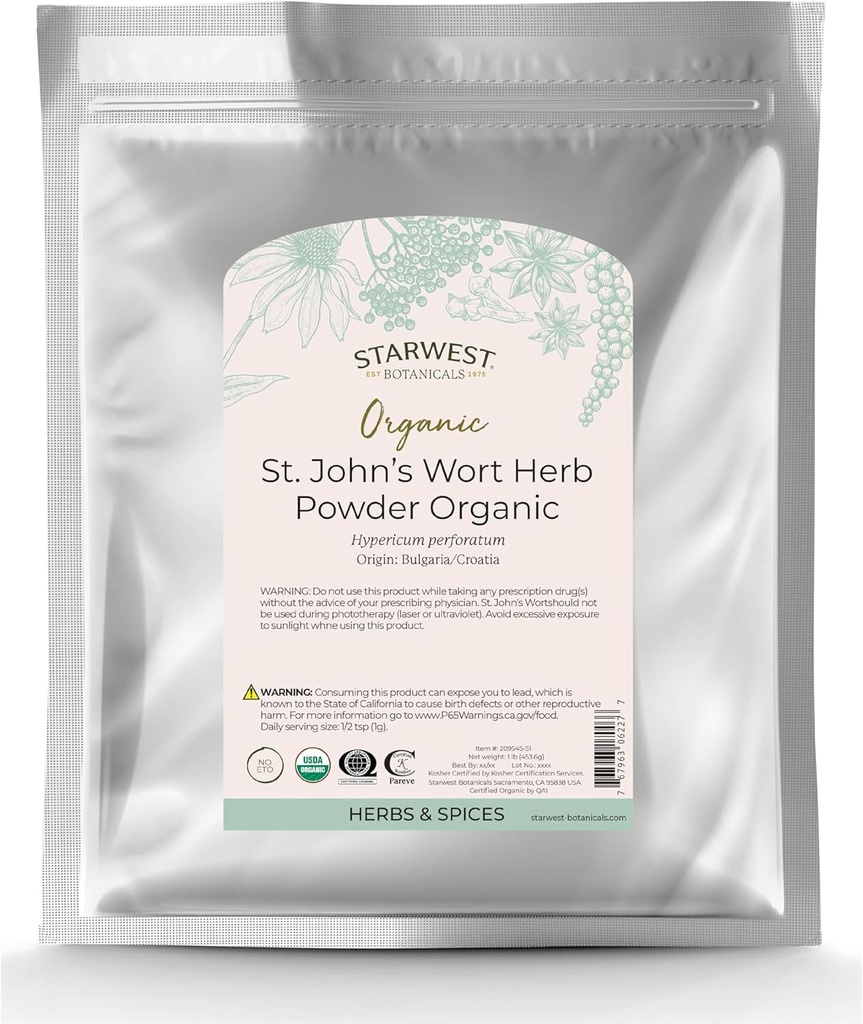 Starwest Botanicals Organic St. John's Wort Powder - Dried Herb for Tea, Made from St. John's Wort Flower, Supports Relaxation, Certified Kosher, Non-GMO - Bulk 1 lb Bag