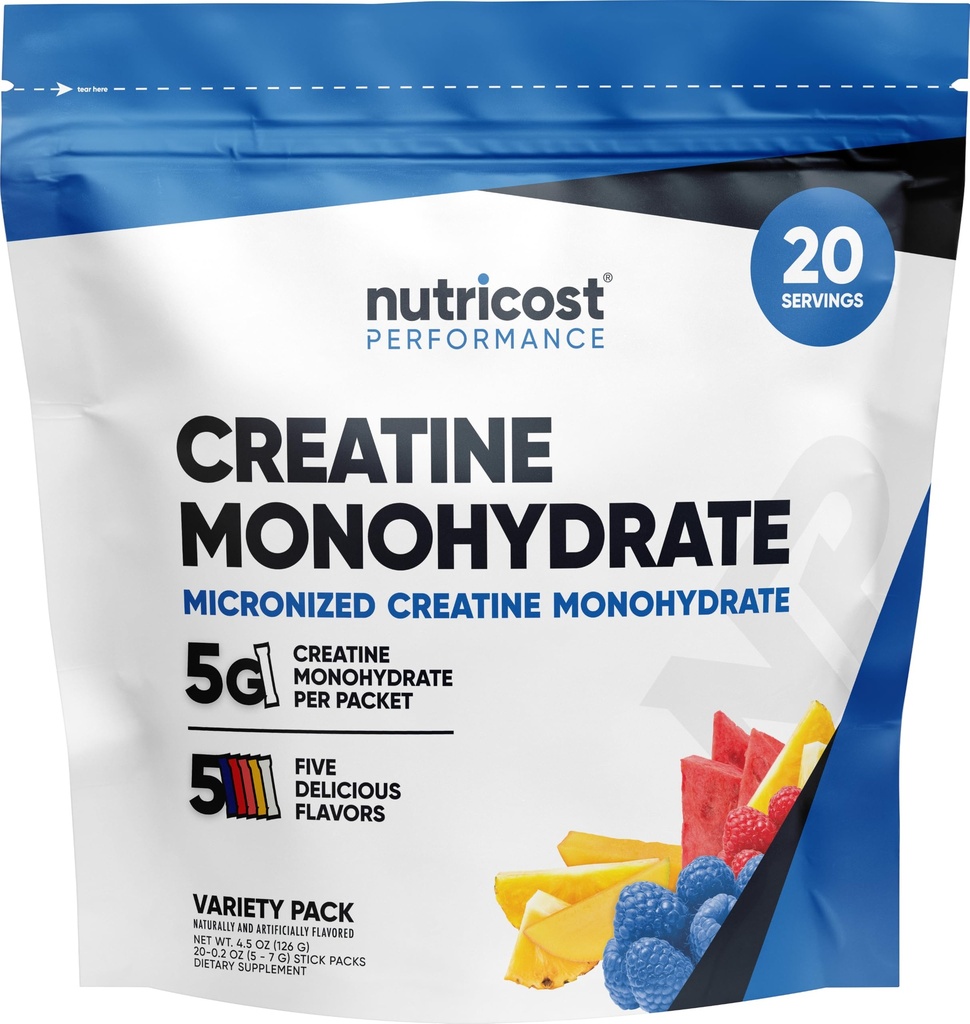 Nutricost Creatine Monohydrate Powder Variety Stickpacks (5 Γεύσεις, 20 Μερίδες) - Μικρονωμένα, 5 γραμμάρια Creatine Monohydrate ανά συσκευασία