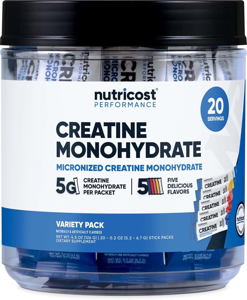Nutricost Creatine Monohydrate Powder Variety Stickpacks (5 Γεύσεις, 20 Μερίδες) - Μικρονωμένα, 5 γραμμάρια Creatine Monohydrate ανά συσκευασία