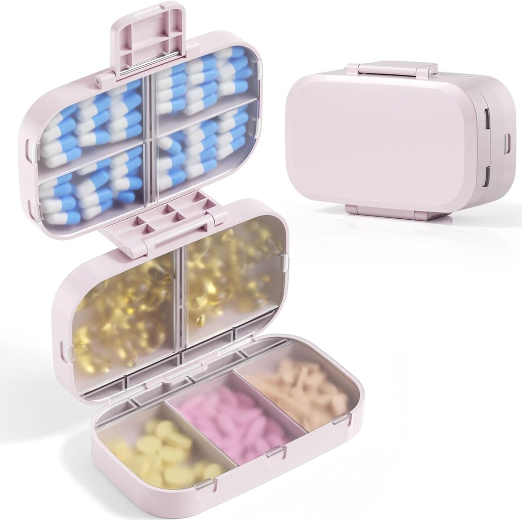 MEACOLIA Triple-Folding Pill Organizer, 9 Karşılaştırmalı Seyahat Pill Case with Large Kapasite, Daily Pill Box Small Pill Container for Vitamin, Cod Liver Oil,Supplements (Beige)