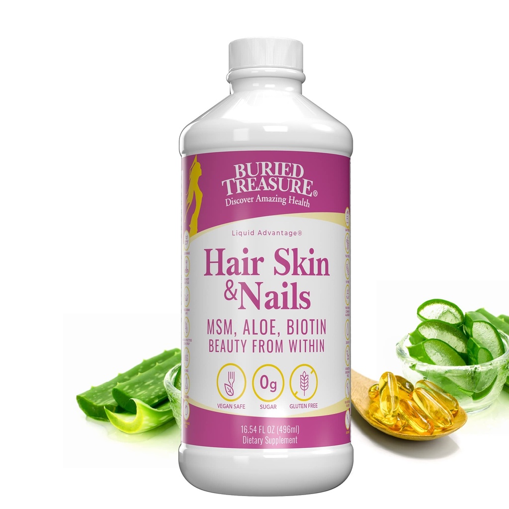 Buried Treasure Hair, Skin and Nails with MSM Biotin Aloe Vera artı Vitamins and Minerals in a High Potency Liquid Whole Food Complex for Fuller Saç, Güçlü Çiçekler ve Clearer Skin 16 ozz Nails ve Clearer Skin 16 oz
