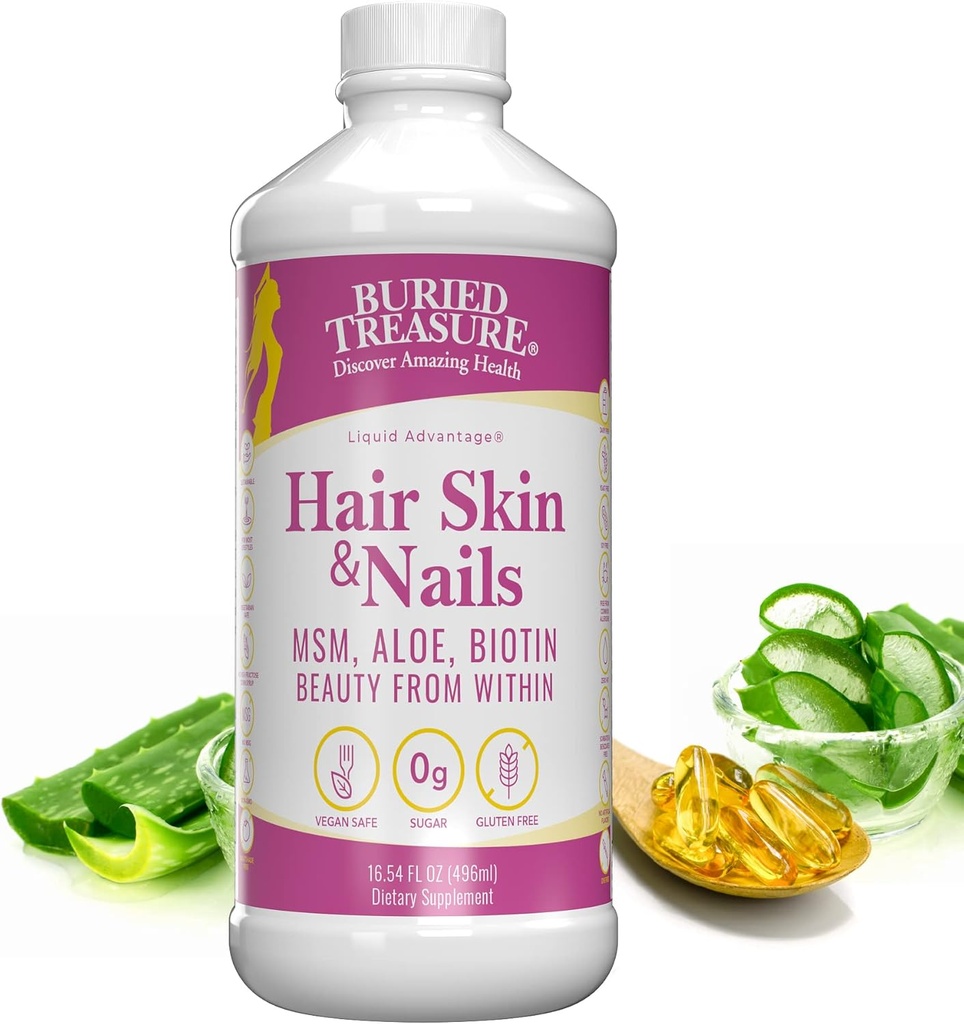 Buried Treasure Hair, Skin and Nails with MSM Biotin Aloe Vera artı Vitamins and Minerals in a High Potency Liquid Whole Food Complex for Fuller Saç, Güçlü Çiçekler ve Clearer Skin 16 ozz Nails ve Clearer Skin 16 oz