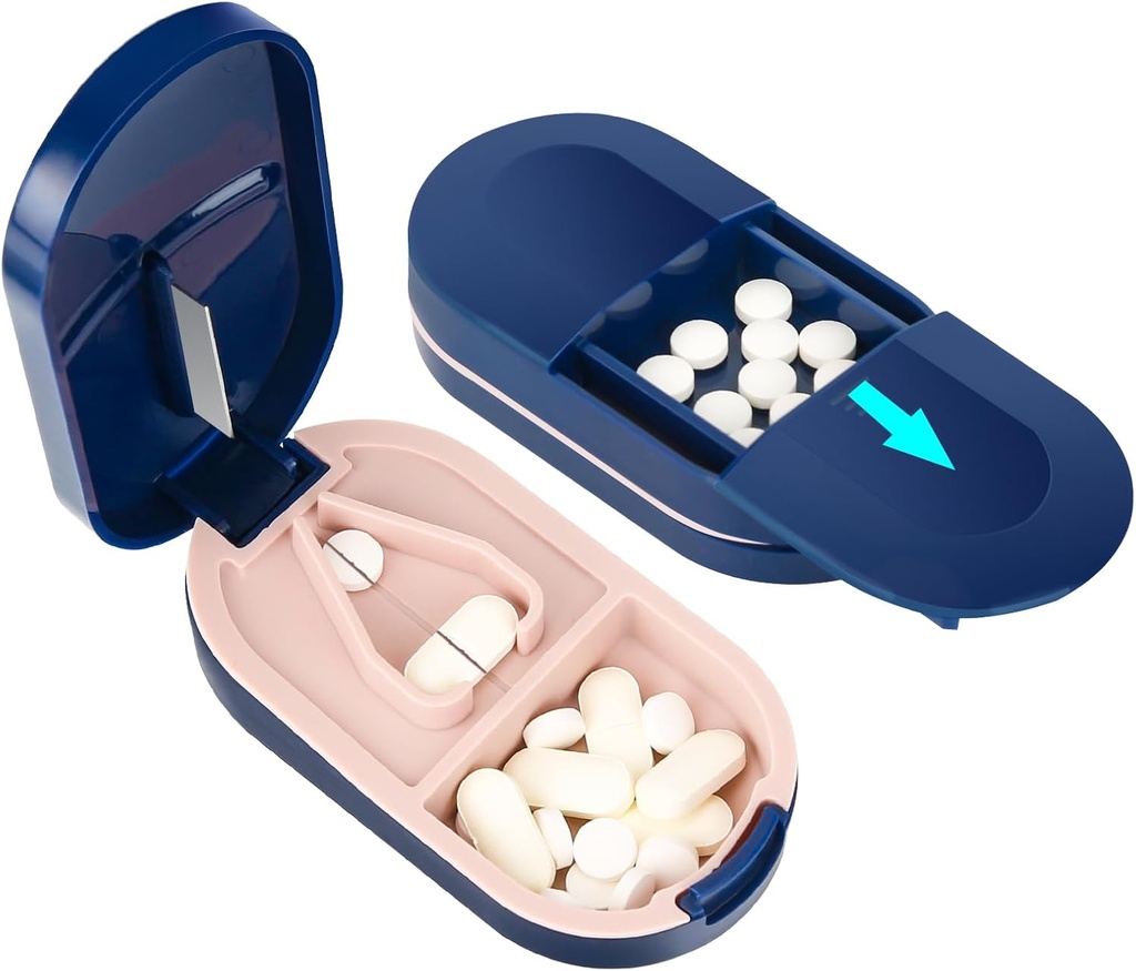 LEAFTOL Pill XS, Portre Pill Splitter 2in-1 Pill Case with Paslanmaz Çelik Bıçak, Küçük veya Büyük Vitaminler Tabletleri için, Mini Pill Organize Kombi ile Cut Pills - Blue Pill Organizer Karşılaştırması - Blue
