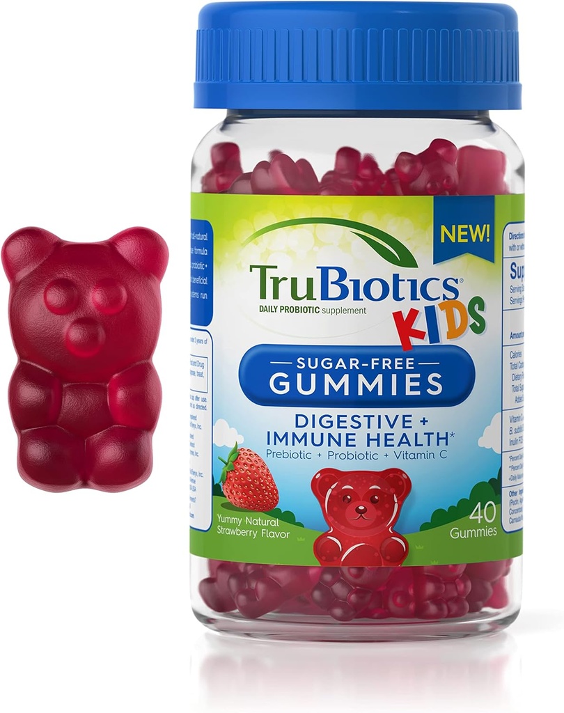 Προβιοτικά Trubiotics για τα παιδιά με προβιοτικά & βιταμίνη C, Gummies χωρίς ζάχαρη για την υποστήριξη Digestive & ανοσοποιητική υγεία, Chewable Kids Probiotic συμπλήρωμα, φυσική γεύση φράουλας, 40 Gummies