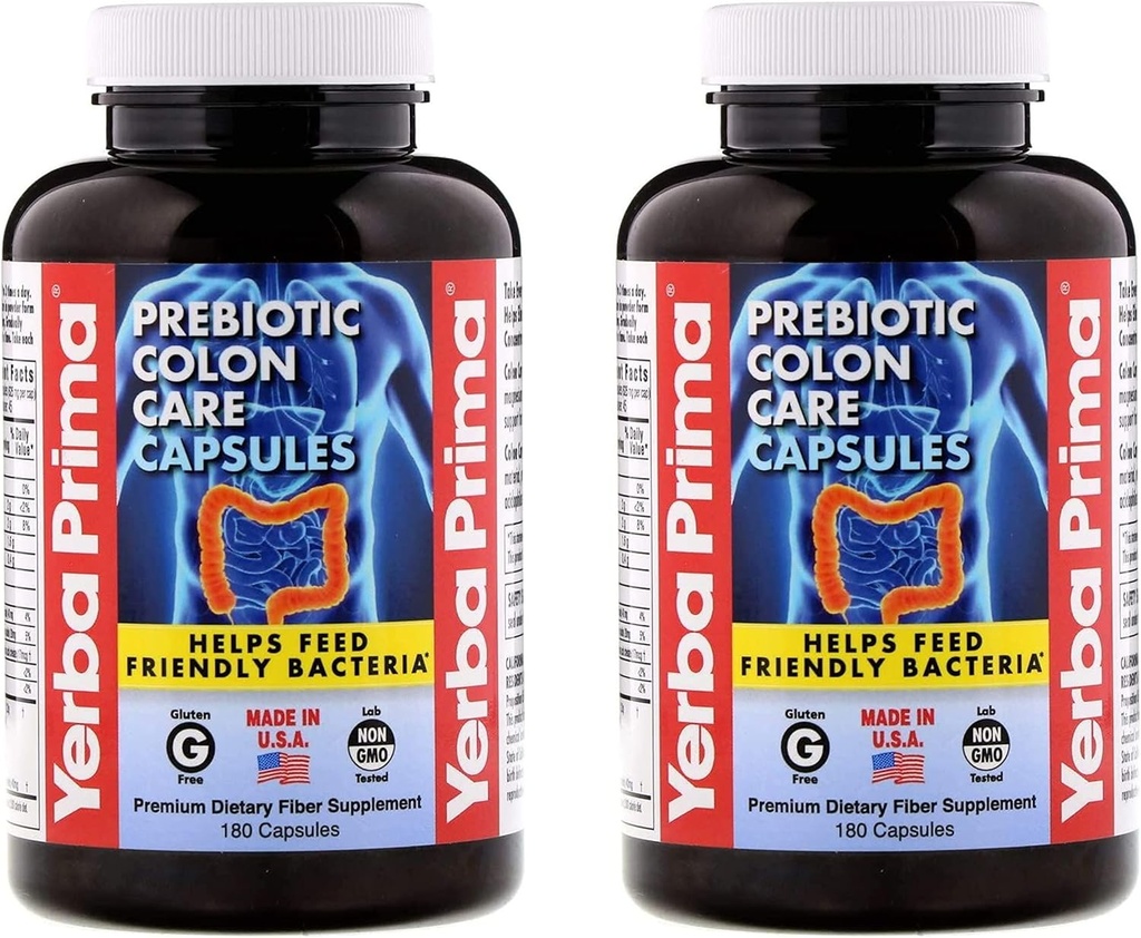 Yerba Prima Prebiotic Colon Care Capses - 180 Count (Pack of 2), Gluten Free, Proudly Made in USA, Non-GMO, Soluble & Αδιάλυτες Ίνες, Υποστηρίζει ένα υγιές λειτουργικό Colon