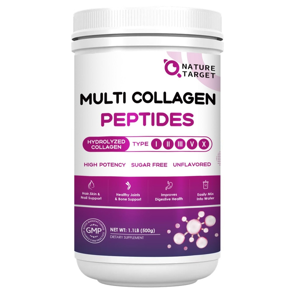 ΦΥΣΗ ΣΤΟΧΟΣ Multi Collagen Peptides Peptides Powder - Type I, II, III, V, X - Hydrolyzed Collagen Peptides with Vitamin C Hyaluronic Acid, υποστηρίζει το δέρμα Nail & Joint, Grass-Fed, Non-GMO, 50 υπηρεσίες