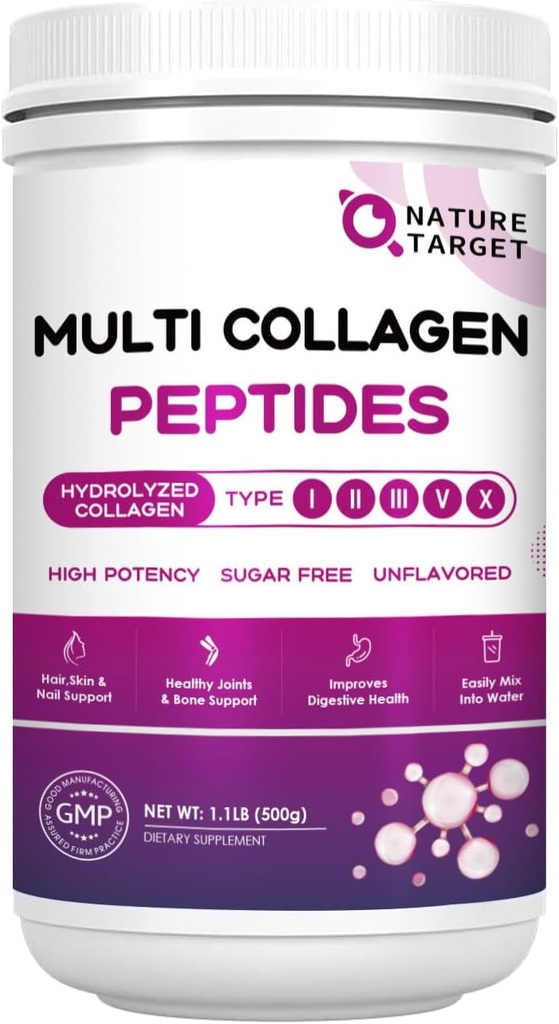 NATI TARGET Multi Collagen, Toz - Tip I, II, III, V, X - C Hyaluronic Acid, Supports Skin Hair Nail & Joint, Grass-Fed, Non-GMO, 50 Hizmetler