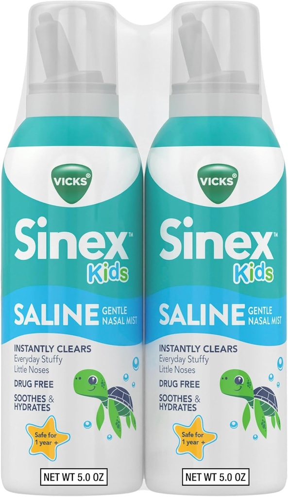 Vicks Sinex, Children's Saline Nasal Spray, Drug Free Ultra Fine Mist with Hint of Aloe, Ages 1+, Fast Everyday Thingsy Nose Relief for Kids, Clear Mucus from a Cold or Alerji, 5 OZ x 2