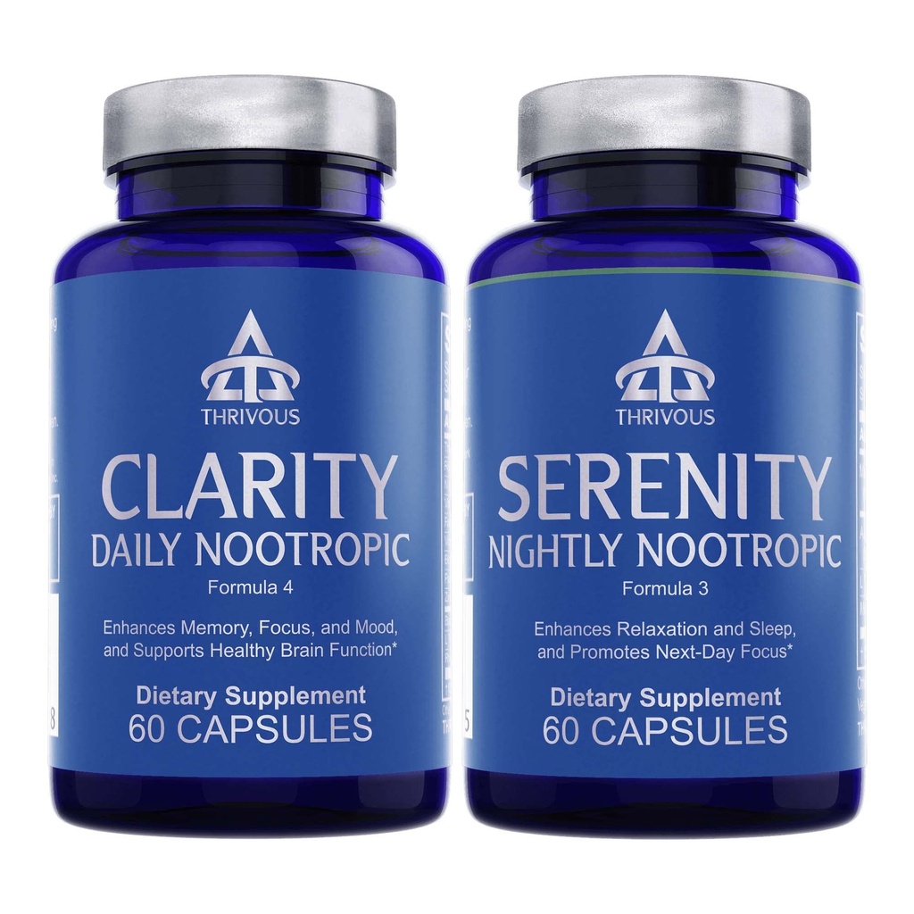 Thrivous Clarity & Serenity Stack – Day + Night Nootropic Sche for Focus, Mood, Relaxation & Sleep Support – 120 Vegan Capsules