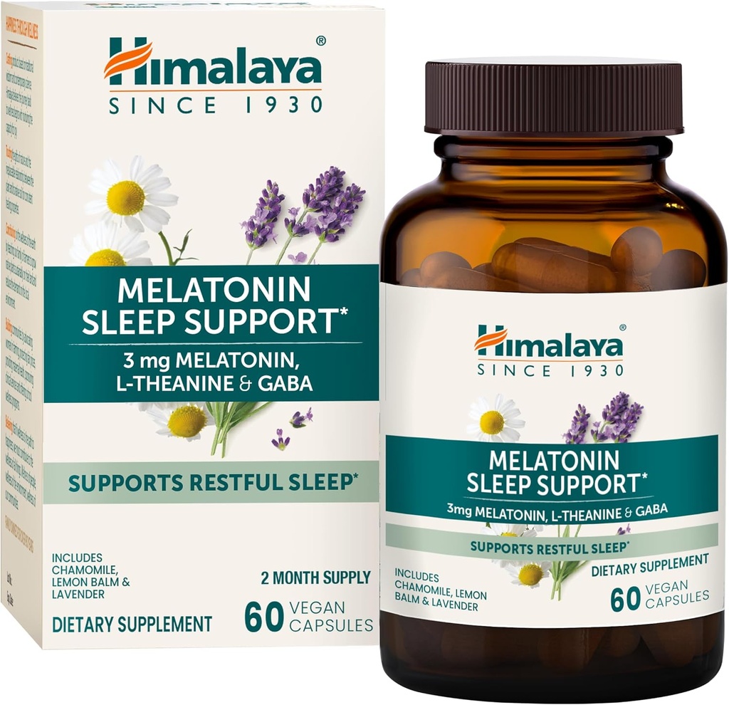 Himalaya Melatonin Sleep Support with GABA, L-Theanine and Melatonin 3 mg for Sleep Support and Occasional Sleeplessness, 60 Capsules, 2 Ay Supply