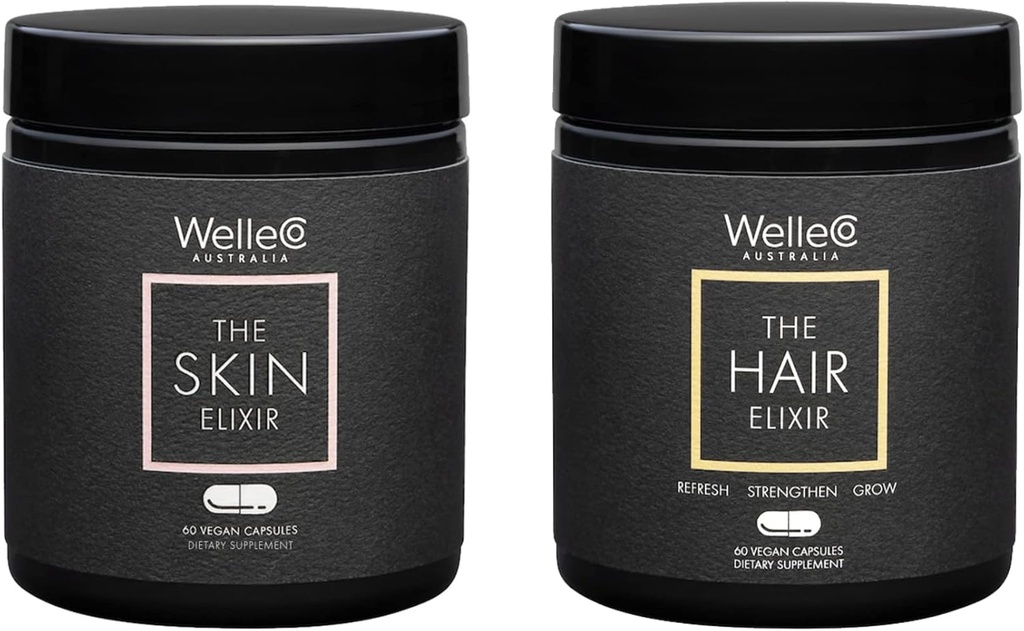 WelleCo, The Skin Elixir + The Hair Elixir, Vegan Beauty Supplements Sche, Saç Büyümesini Teşvik Etmek ve Ayrılmayı Azaltır, Sağlıklı Skin & Collagen Formasyonunu Destekler, 60 Capsules Her Şey