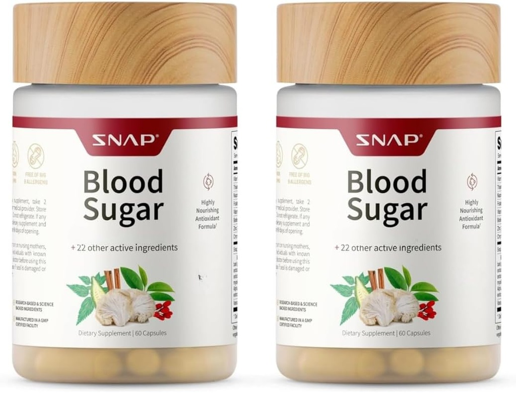 Snap Συμπληρώματα Μείγμα ζάχαρης αίματος, CoQ10, Κανέλα, Άλφα Λιποϊκό οξύ και γυμναστήριο, Χωρίς ζάχαρη, 60 κάψουλες, 2 συσκευασίες