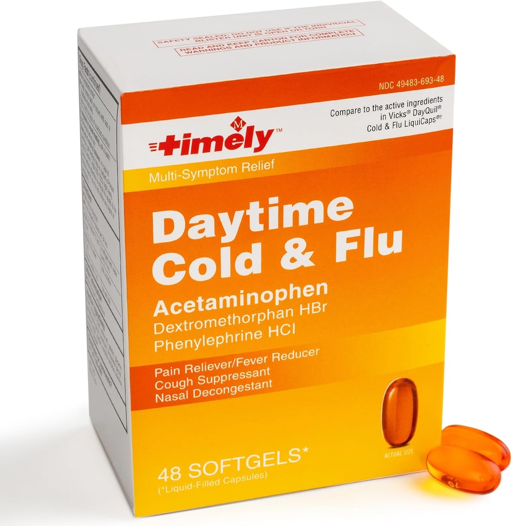 TIME-CAP LABS, INC. Timely Daytime Cold and Flu Medicine 48 Softgels - Cough Suppressant, Nasal Decongestant, Pain Reliever