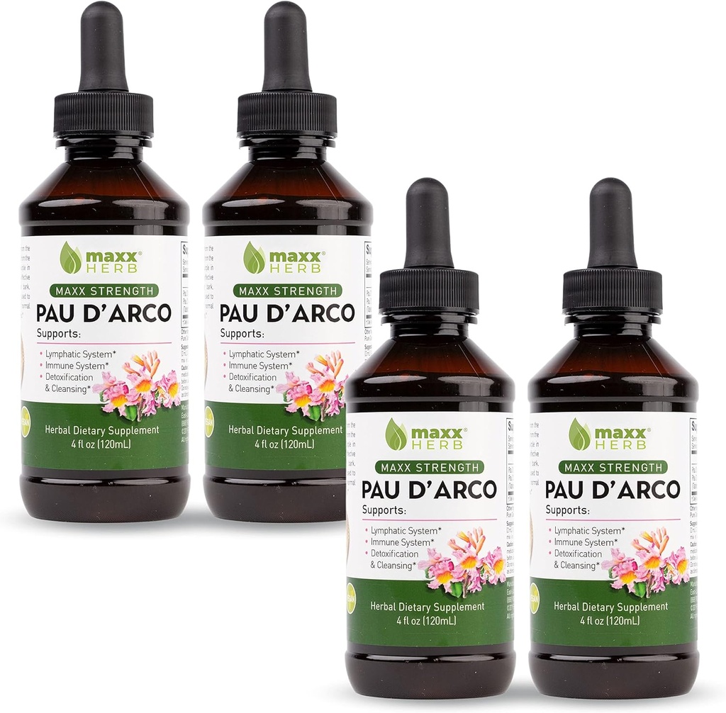 Maxx Herb PAU D'Arco Tincture - Max Strength PAU Darco Extract for Immune Support, Taheebo Tea İç Bark Absorbs PAU Darco Capsules - 4 Şişe, 4 Oz Her (240 Hizmet)