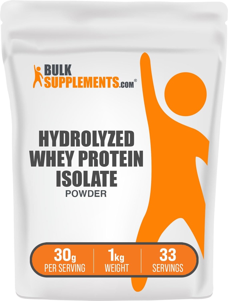 BulkSupplements.com Hydrolyzed Whey Protein Isolate Powder - Whey Isolate Protein - Μη αρωματισμένη και χωρίς γλουτένη, 30g ανά σερβίροντας, 1kg (2,2 lbs) (Συσκευασία των 1)