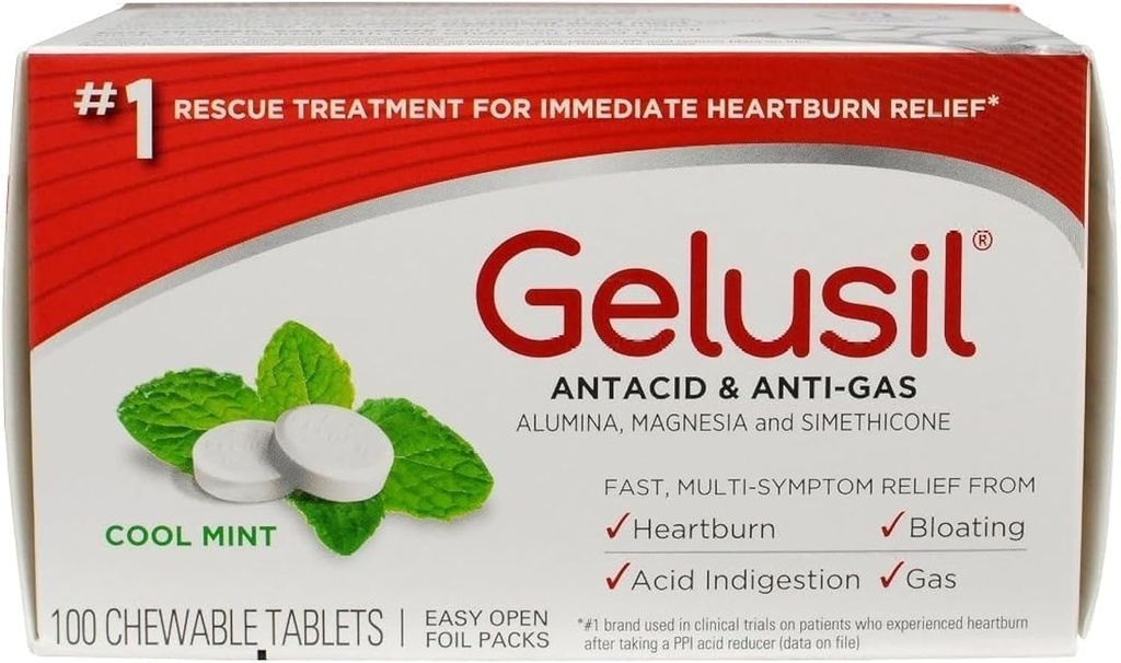 Gelusil Antacid & Anti Gas Δισκία για την ανακούφιση από εγκαύματα, Relux οξέος, Bloating and Gas, Cool Mint - 100ct Blister Pack