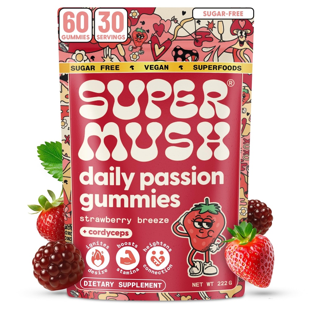 SuperMush Horny Goat Weed Gummies - Horny Goatweatweed for Men & Women with Cordyceps, Reishi & Maca Root - Max kesim Blood Flow, Ignite Feel-Good Vibes & Lasting Energy