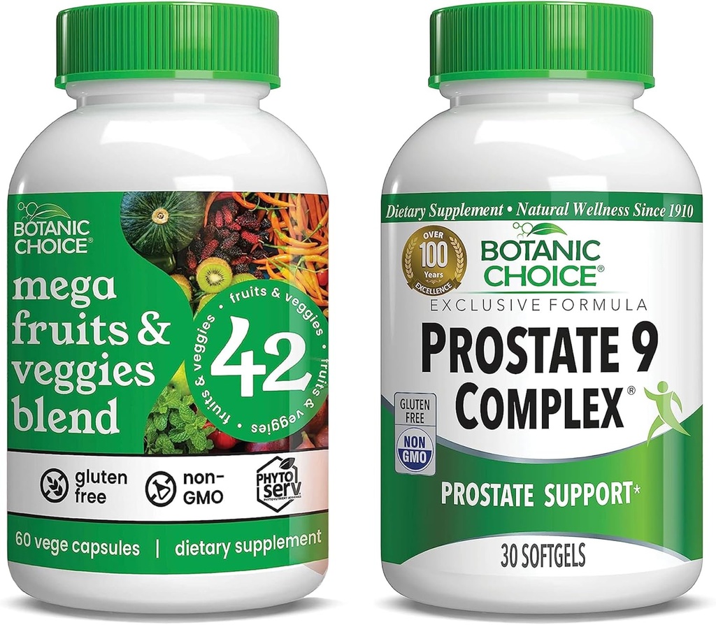 Βοτανική επιλογή Mega Fruits and Veggies Blend (60 κάψουλες) + Prostate 9 Complex (30 Softgels) Bundle - Energy Balance & Superfood Supplement + Urinary Flow & Cellular Health