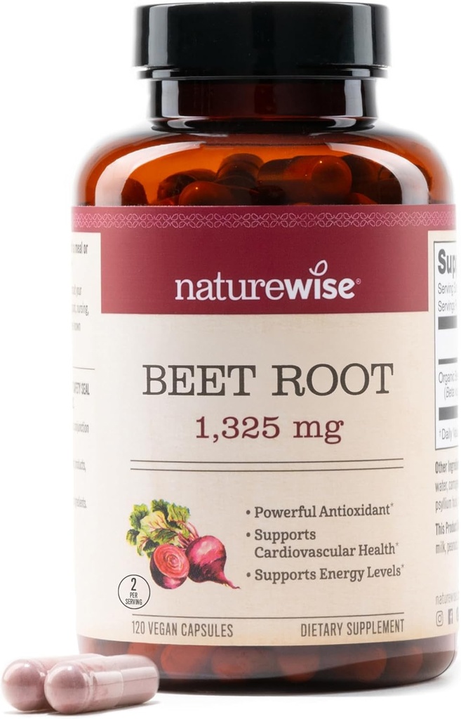 NatureWise Beet Root Capsules 1325 mg with Organic Beetroot - Nitrik Oksit Gculation and Heart Health Support - Vegan, Gluten-Free, Non-GMO - 120 Capsules[60 Day Supply]