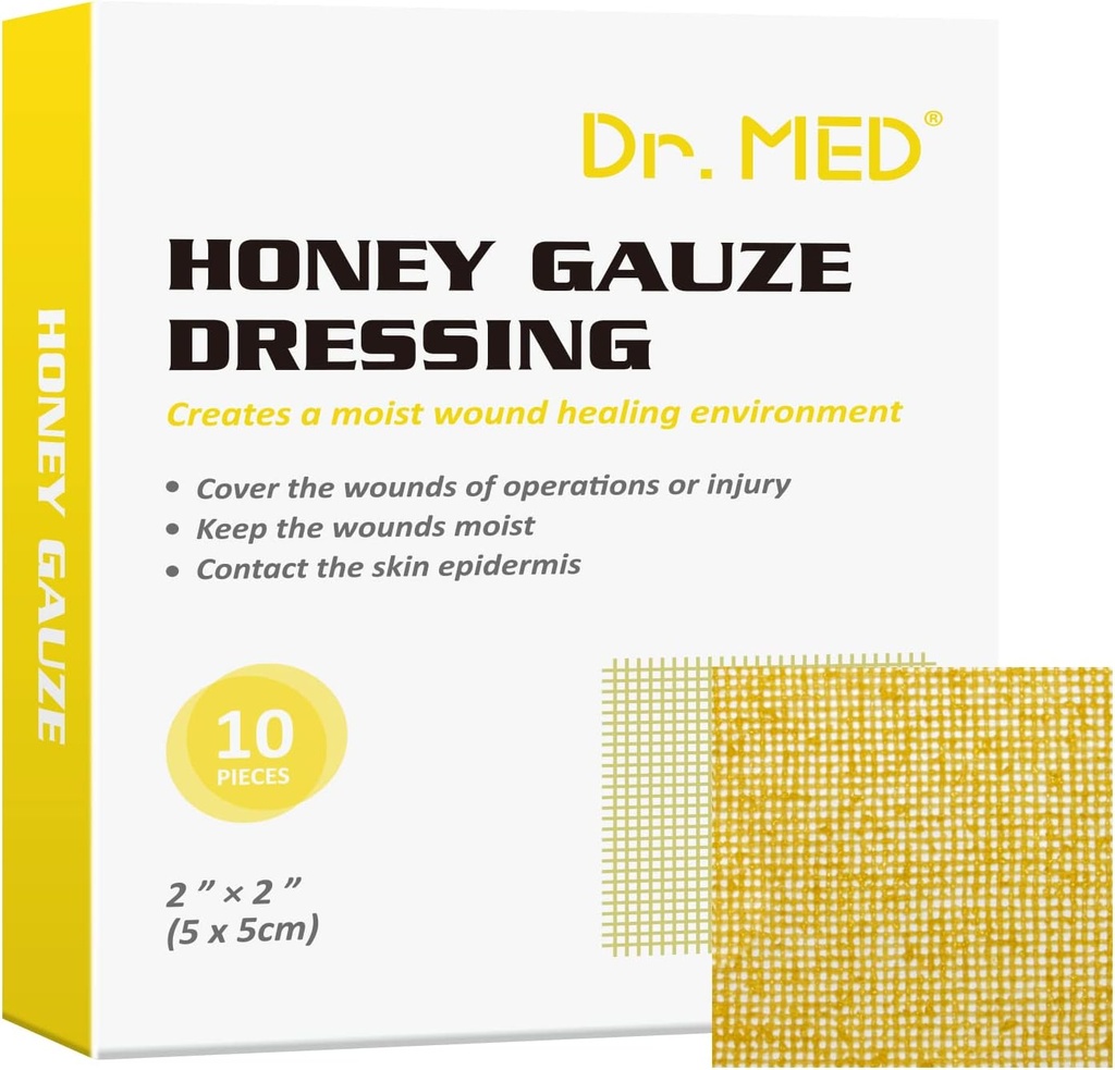 Dr. Med Honey Gauze Dressing, 2" x 2" (10 PCS/Box) Honey Medical Bandage Yaraları, Cuts, Beamrations, Scald ve Burns for healing, Chemical and Drug Free