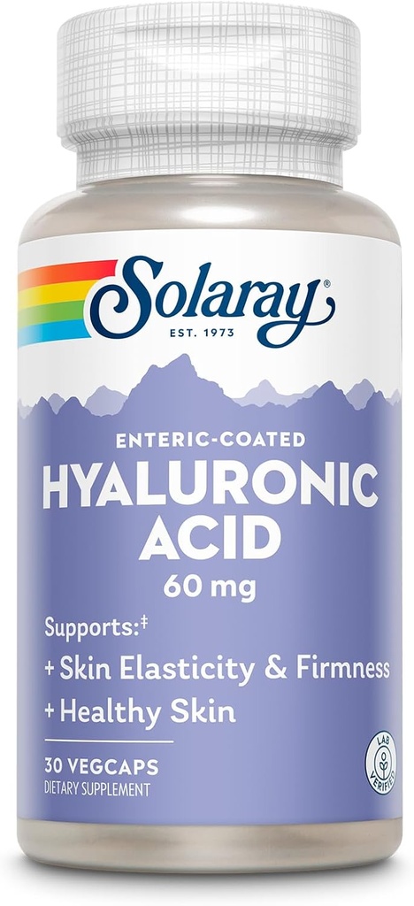 SOLARAY Hyaluronic Acid Triple Strength - Skin Elasticity and Firmness Support - Plus Vitamin C - Lab Επαληθευμένο, 60 ημέρες εγγύηση επιστροφής χρημάτων, 30 υπηρεσίες, 30 VegCaps