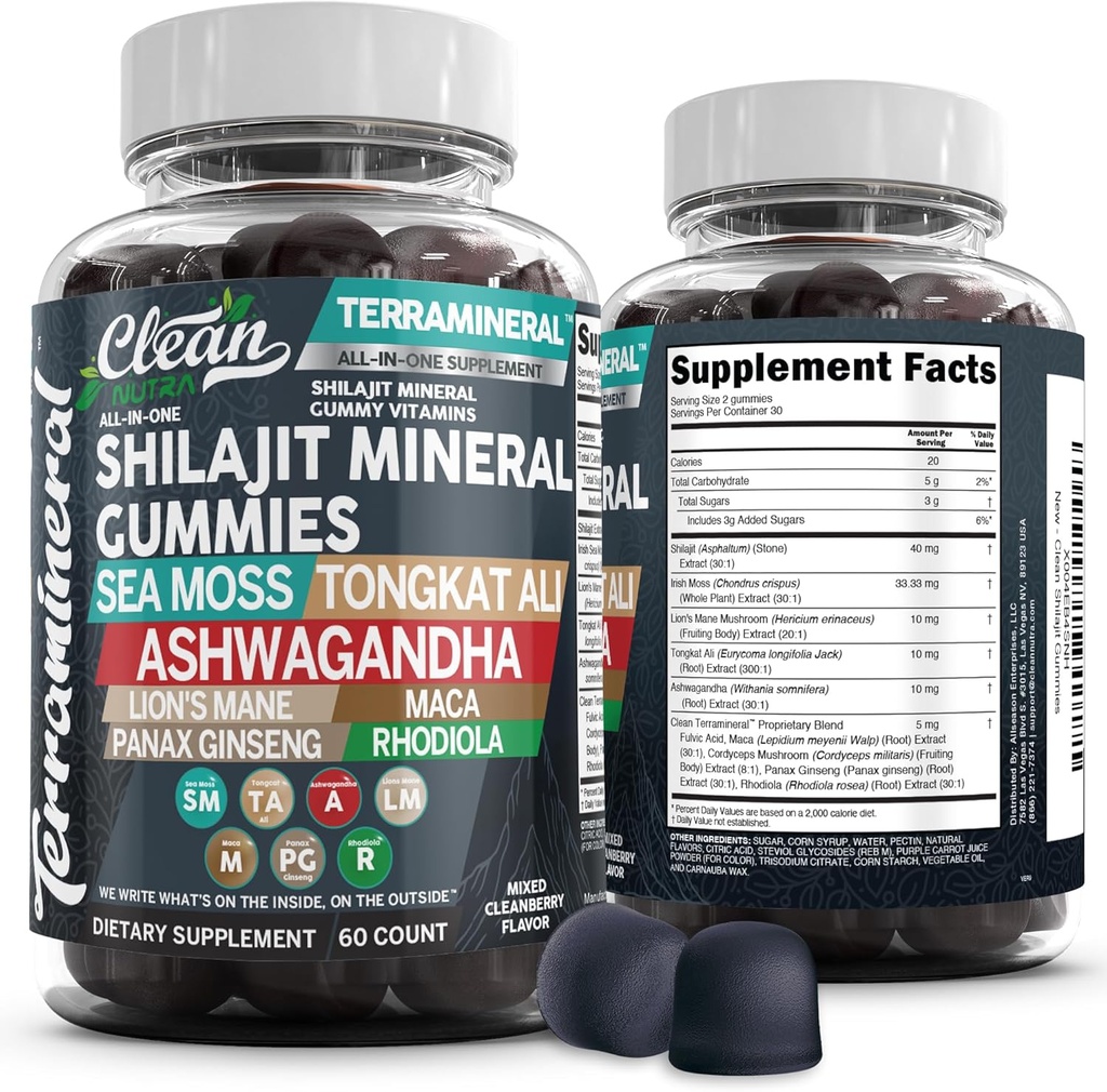 Terramineral Shilajit Gummies with Irish Sea Moss Tongkat Ali Ashwagandha Lion's Mane MACA Panax BTC Rhodiola & Cordyceps by Clean Nutra (1)