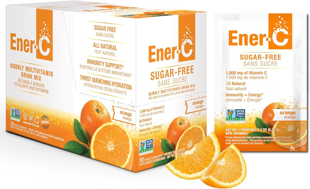 Ener-C Sugar Free Energy Orange Multivitamin Drink Mix Vitamin C 1000 mg & Electrolytes - Doğal Immunity Support with Real Fruit Juices Non-GMO Vegan & Gluten Free - Count 30