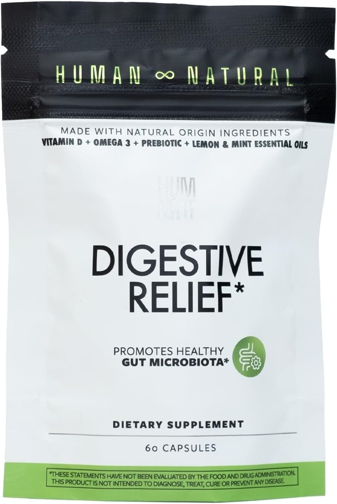 Digestive Relief | Vegan Formula D, Omega-3, HMO, Chia Oil, Lemon & Peppermint Oils | Bloating & Gut Health | 60 Capsules