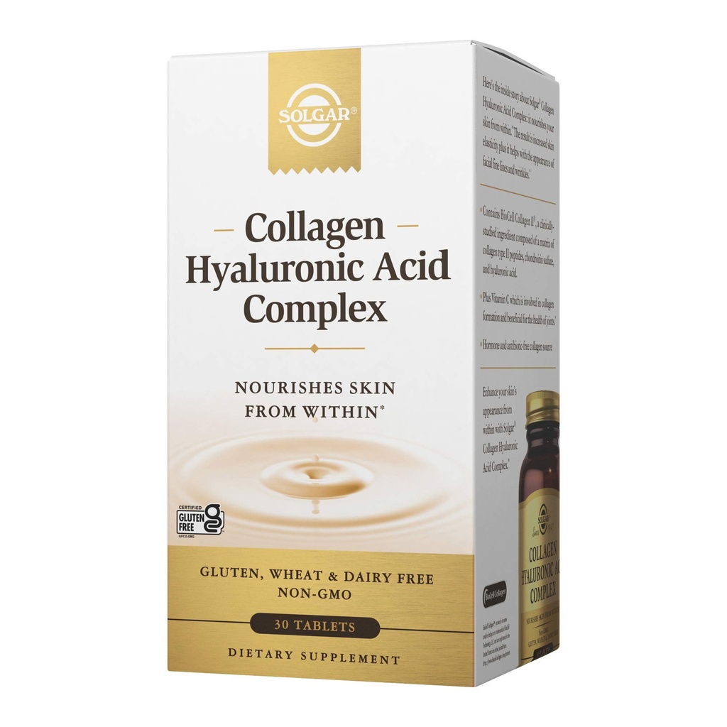 Solgar Collagen Hyaluronic Acid Complex, 30 Tablets - Hydrolyzed Collagen Type 2 - Βοηθά με Fine Lines & Wrinkles - Ενισχύει το Δερμάτινο Κολλαγόνο & Ελαστικότητα - Μη ΓΤΟ, Γλουτένη & Γαλακτοκομικά Χωρίς - 30 Σερβιέτες