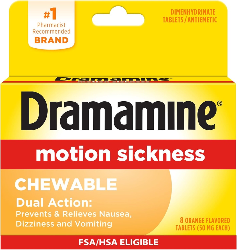 Dramamine Chewable, Hareket Hastalığı Yardımı, Orange Flavor, 8 Kont