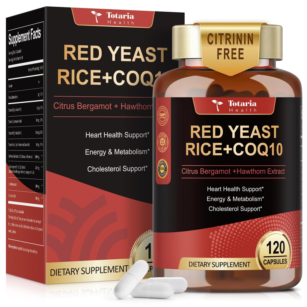 Red Yeast Rice 2.000 mg with CoQ10 Supplement - Citrinin Free Extract Red Yeast Rice Capsules with CoQ10 100 Plus Citrus Bergamot - Cholesterol Lowering Supplements 3rd-Party Tested Vegan Non-GMO