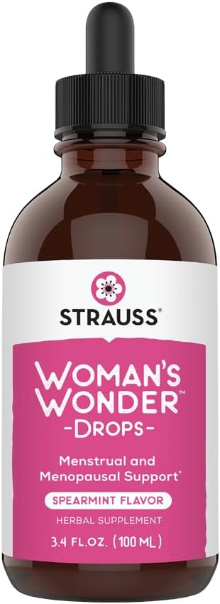 Strauss Heartdrops Woman's Wonder Drops; Menstrual & Menopausal Support Supplement in Spearmint Flavour, Natural Formula, Gluten-Free, Soy-Free, Non-GMO, 3.4oz Şişe Şişe