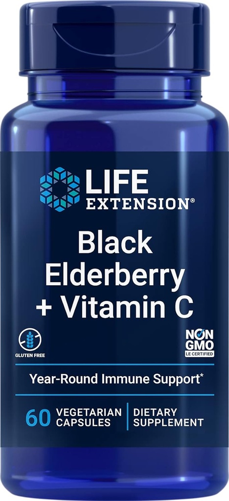 Επέκταση ζωής Black Elderberry + Βιταμίνη C, Καθημερινή Ανοσολογική Υποστήριξη από Elderberry & Vitamin C, Χωρίς Γλουτένη, Μη ΓΤΟ, Χορτοφαγικά, 60 Κάψουλες