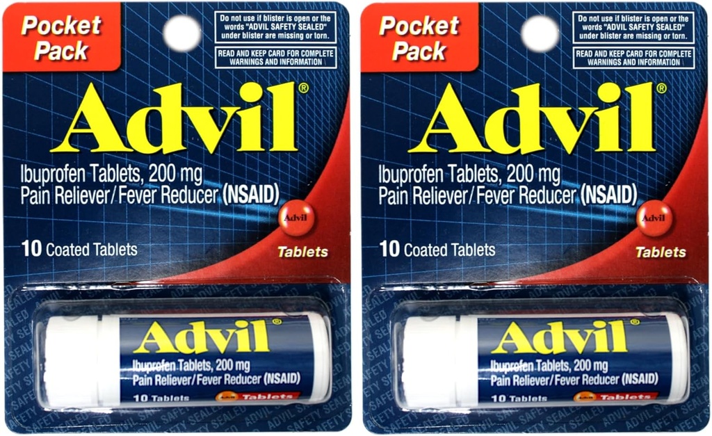 2 Pocket Pack Advil Pain Reliever / Ibuprofen 200 mg - 10 Kaplamalı Tabletler PER Pack (20 Tabletler Toplam)