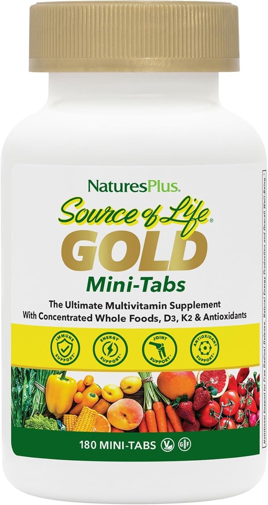 NaturesPlus Πηγή Ζωής Χρυσή Πολυβιταμίνη - 180 Mini-Tabs, Συσκευασία των 2 - με Βιταμίνες D3, B12 & K2 - Χορτοφαγική & Χωρίς Γλουτένη - 60 Σύνολο Σερβιρίσματος