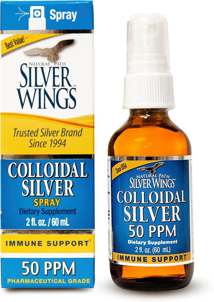 Doğal Pat Silver Wings Colloidal Silver Liquid - Daily Immune Support Supplement - 50ppm (250mcg) - 2oz Sprey