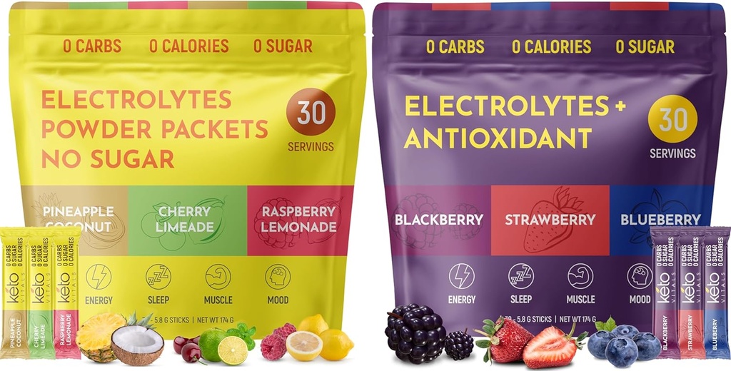 Keto Vitals Tropikal & Berry 2 Pack Sche Electrolyte Toz Log: Tropikal & Berry Assorted Flavors - Sugar-Free & Zero Calorie Electrolyte Drink Mixets, 60 Hizmetler